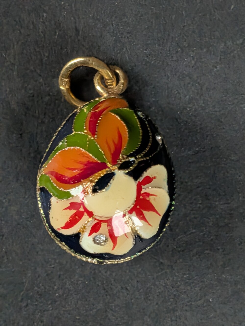 VTG Cloisonné Floral Enamel Pendant Egg Navy, Cream, Green, Orange Gold Tone